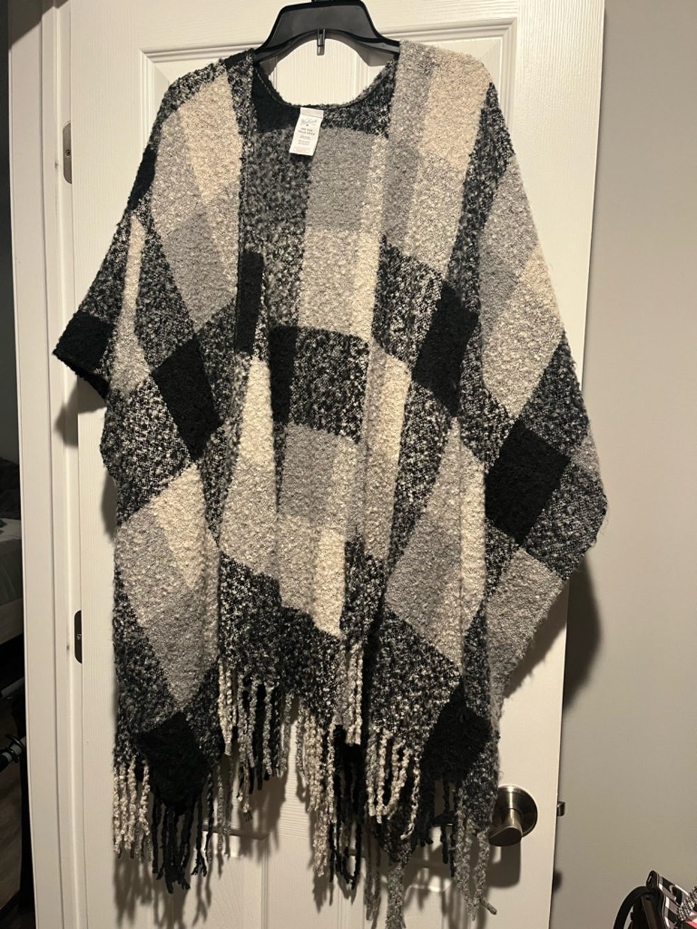 Cozy Black & Gray Plaid Fringe Poncho